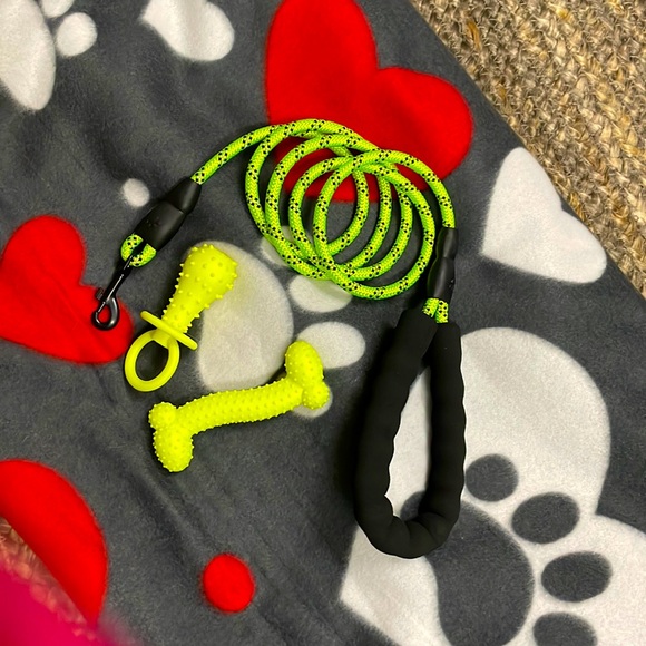 Brand New ๐๐พโฅ๏ธ Neon Yellow Pet Pack w/Fleece Blanket, Leash & Chew Toys - Picture 3 of 5
